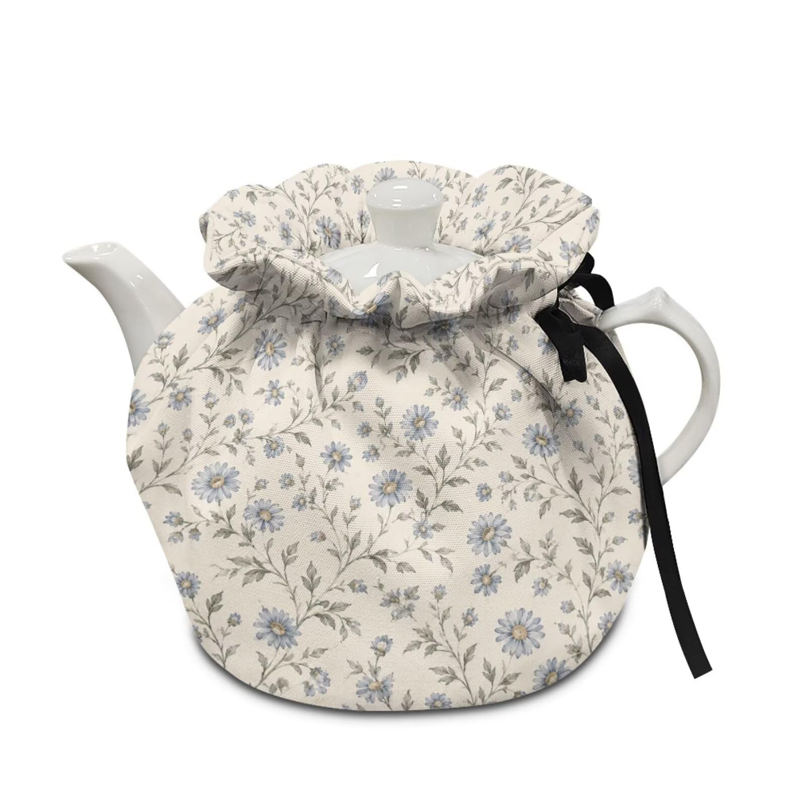 Poceacles Tea Cosy Keep Warm Post Teapot Protective Cover Washable Insulated Tea Kettle Dust Cover for Teapots Breakfast Pot Tabletop Kitchen Accessories, Light Blue Daisy Beige