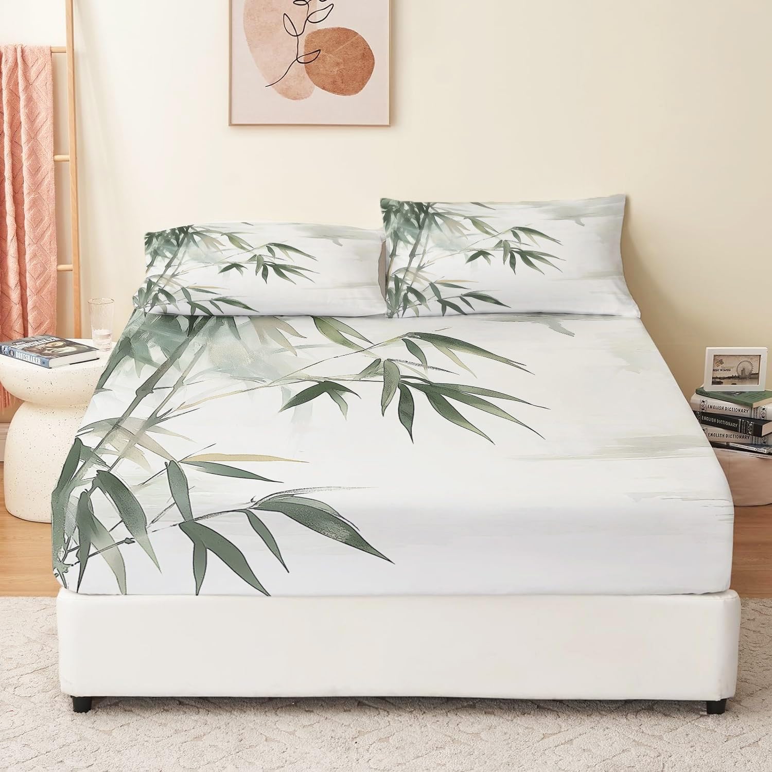 Oriental Bamboo Plant, Green White Bed Sheet Measure 140 x 200 cm, Comfortable and Beautiful Fitted Sheet Suitable for Boys, Girls and Adults Can Also Decorate the Room