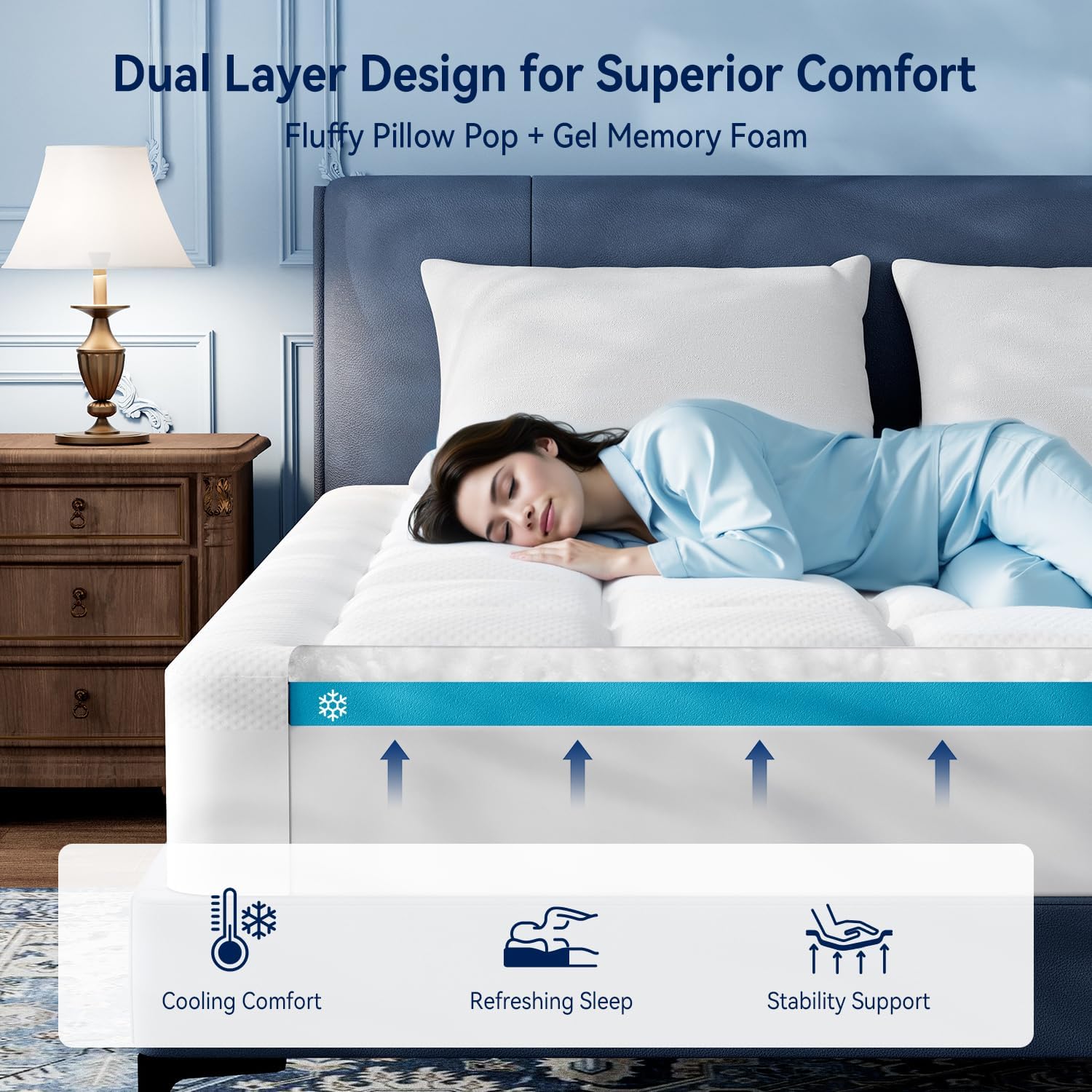 ELEMUSE 3 Inch Cooling Memory Foam Mattress Topper Queen, 2 Inch Pressure-Relieving Memory Foam and 1 Inch Thick Soft Viscose Made from Bamboo Pillow Top for Hot Sleepers, Removable & Washable Cover Queen Plush Support(white)