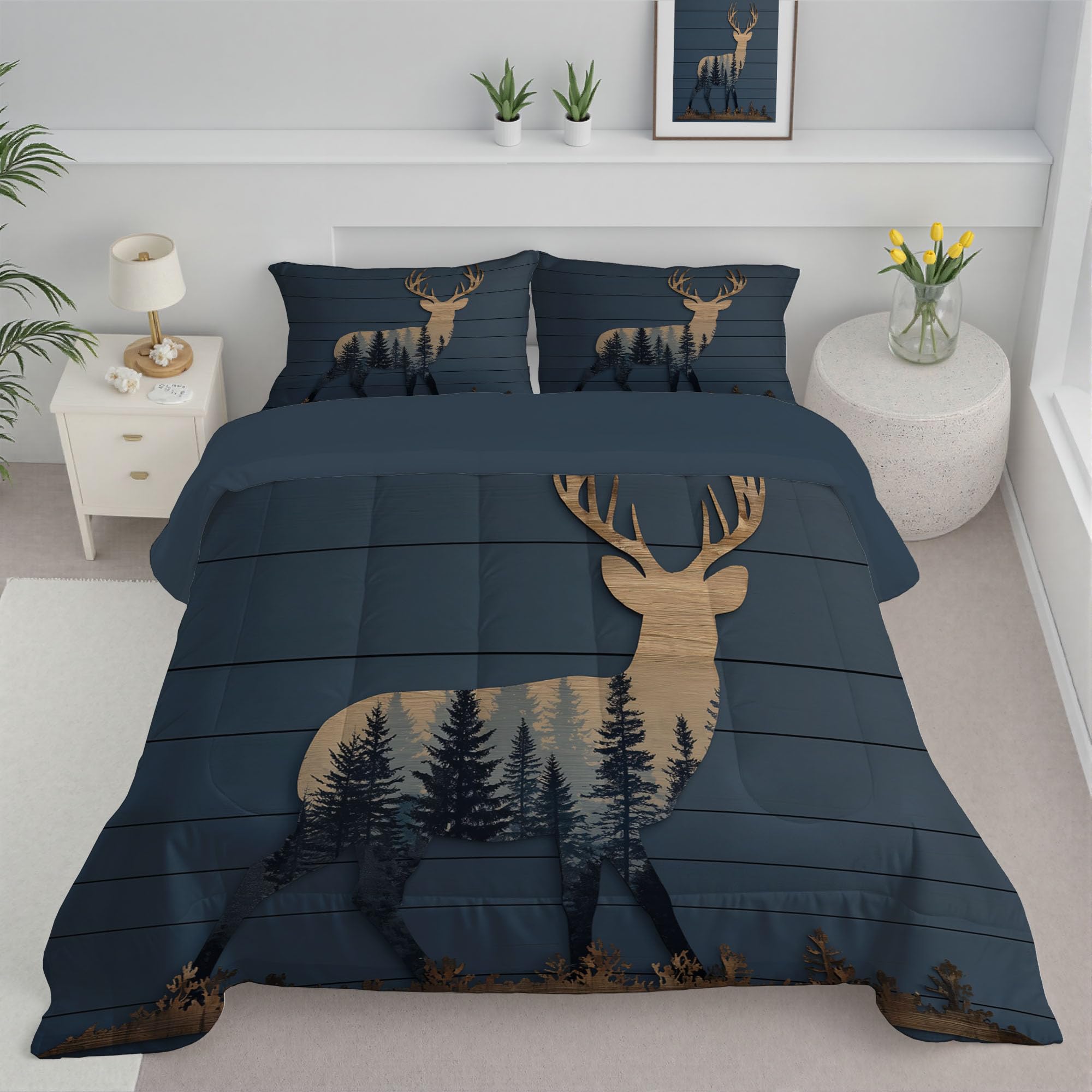 Couette 140x200cm Renne en Bois 3D Bleue Réversible en Microfibre