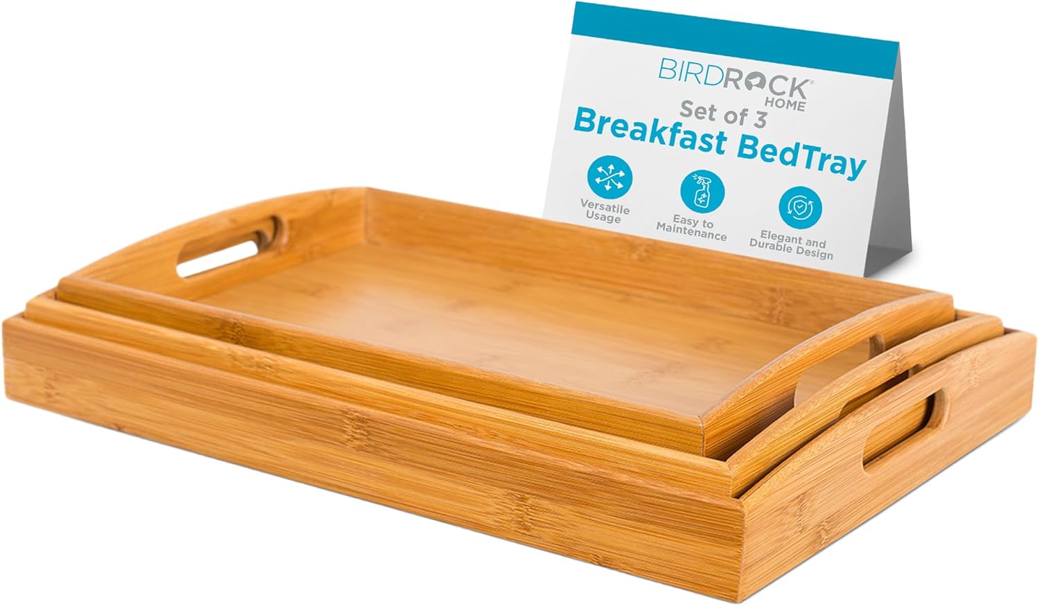 BirdRock Home 3 pc Breakfast Bed Tray (Rounded) – Bamboo – Cut Out Handles – Set of 3 – Bamboo – Nesting