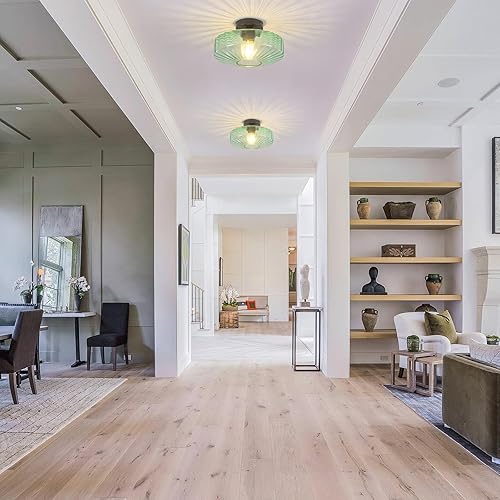 Miniatura 2 de Lámpara de techo semiempotrada, 11.8 pulgadas, luces de techo de cristal verde vintage, 1 luz de mediados de siglo, moderna lámpara para dormitorio,