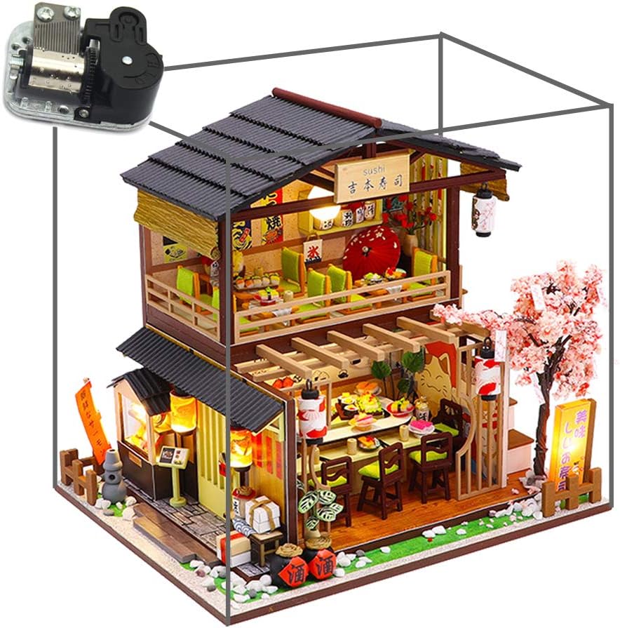 DIY Miniature Dollhouse Kit Japanese-Style Restaurant Wooden Miniature Doll House with Music and Dust Cover DIY Scene Architectural Model Toy Puzzle Fun Parent-Child Gift