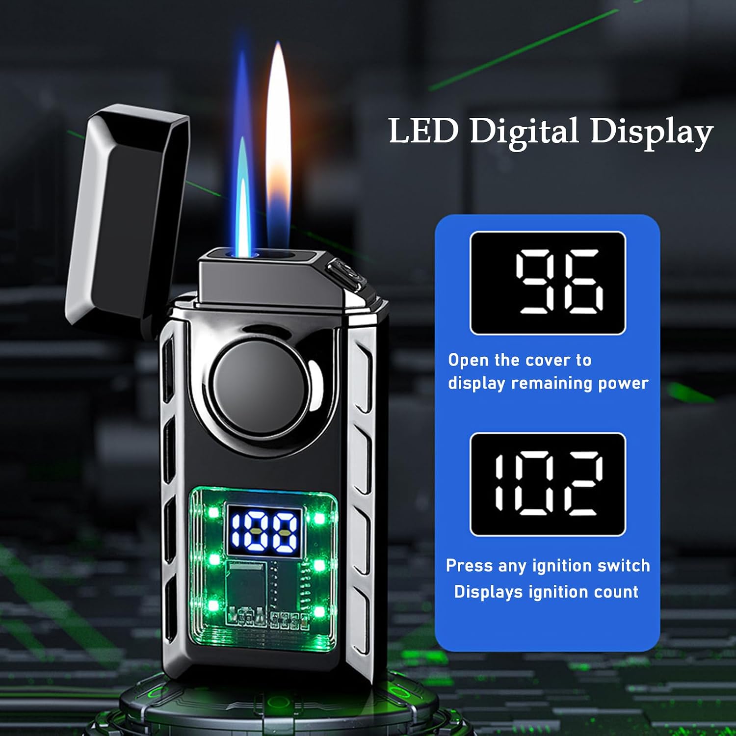 Smart Display Dual Flame Torch Lighter, Transparent Core Electric Lighter with LED Display, Butane Refillable & Type-C Charging, Windproof Jet Flame & Soft Flame Lighter (Without Butane)-Black Ice