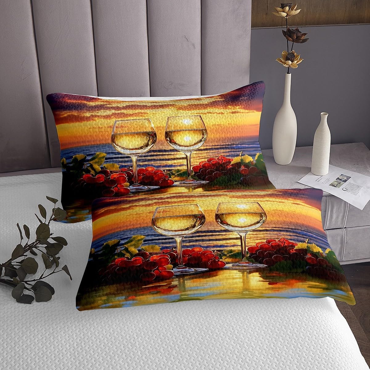 Manfei Wine Delicious Food Bedspread Twin Size Bedding for Kids Teens Bedroom Seaside Ocean Beach Decor Coverlet Set Romantic Valentine's Day Quilt Set for All Season,2 Pcs with 1 Pillowcase