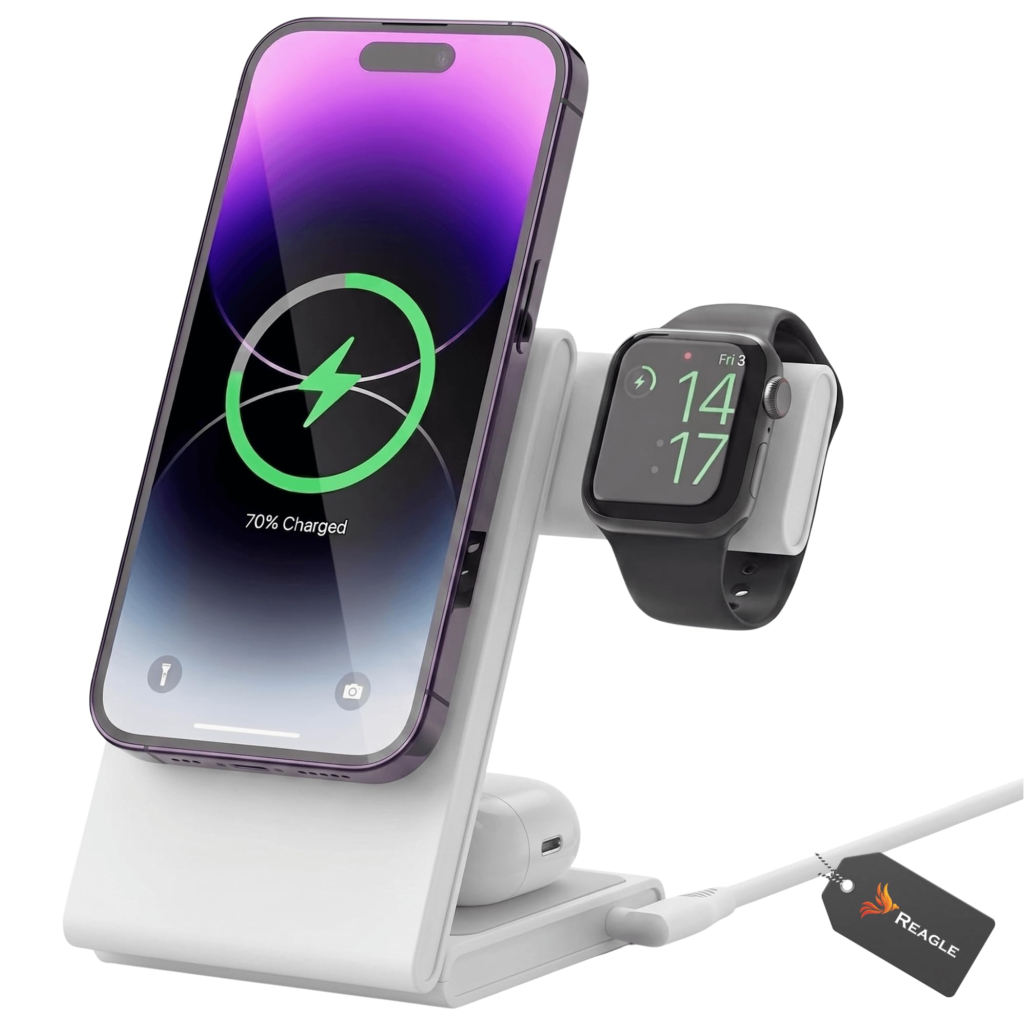 Reagle Ładowarka Bezprzewodowa Qi2 3w1 15W, Magnetyczna Składana Stacja Ładująca do iPhone 17/16/15/14/13/12, Apple Watch, AirPods, Samsung Galaxy i Pixel, Biała