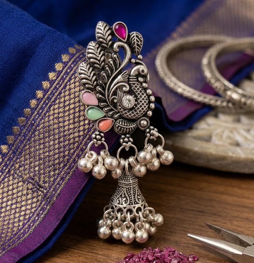 Harishree Enterprise Classic Indian Ethnic Saree Brooch with Peacock and Multi-Stone Details-image-24