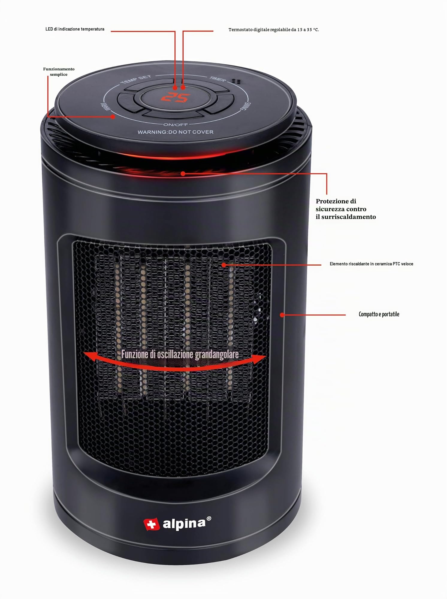 alpina Termoventilatore portatile e compatto – Riscaldamento elettrico 1200W con aria calda e fredda – Termostato digitale riscaldamento 15-35°C – Funzione timer 1-9h – Riscaldamento elettrico per