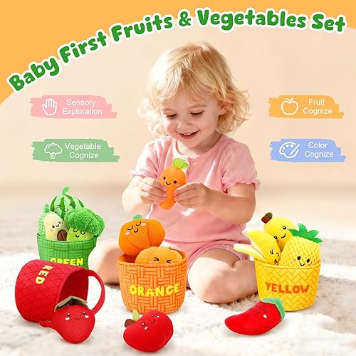 Miniatura 3 de TOHIBEE Juguetes sensoriales para bebés, 16 piezas de alimentos para clasificar colores de frutas y verduras con sonajero, juguetes para bebés de 6