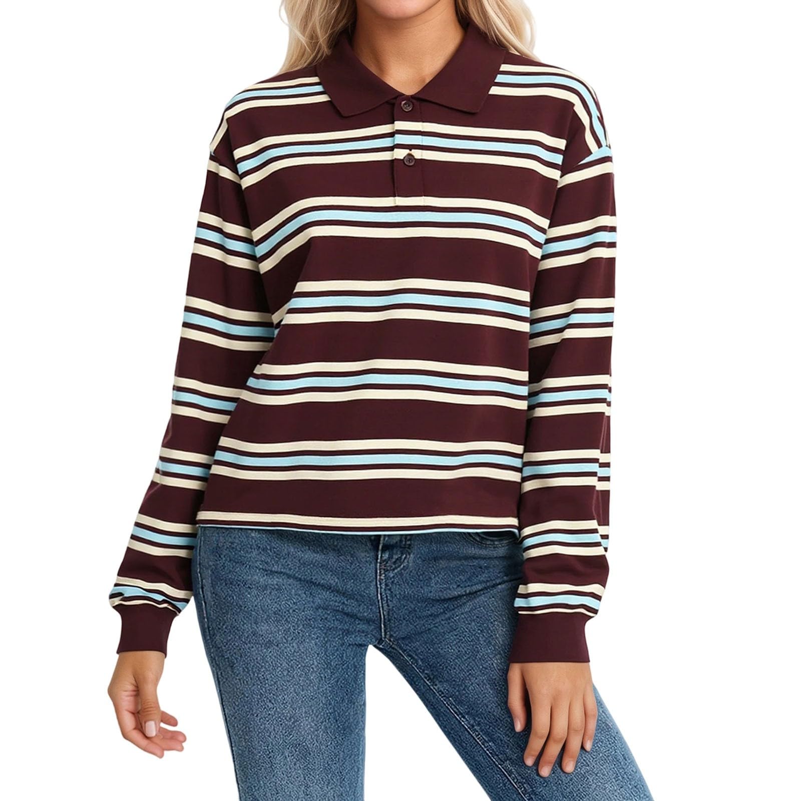 Polo da donna a righe, a maniche lunghe, con bottoni, vestibilità normale, a maniche lunghe, con spalle sovrapposte