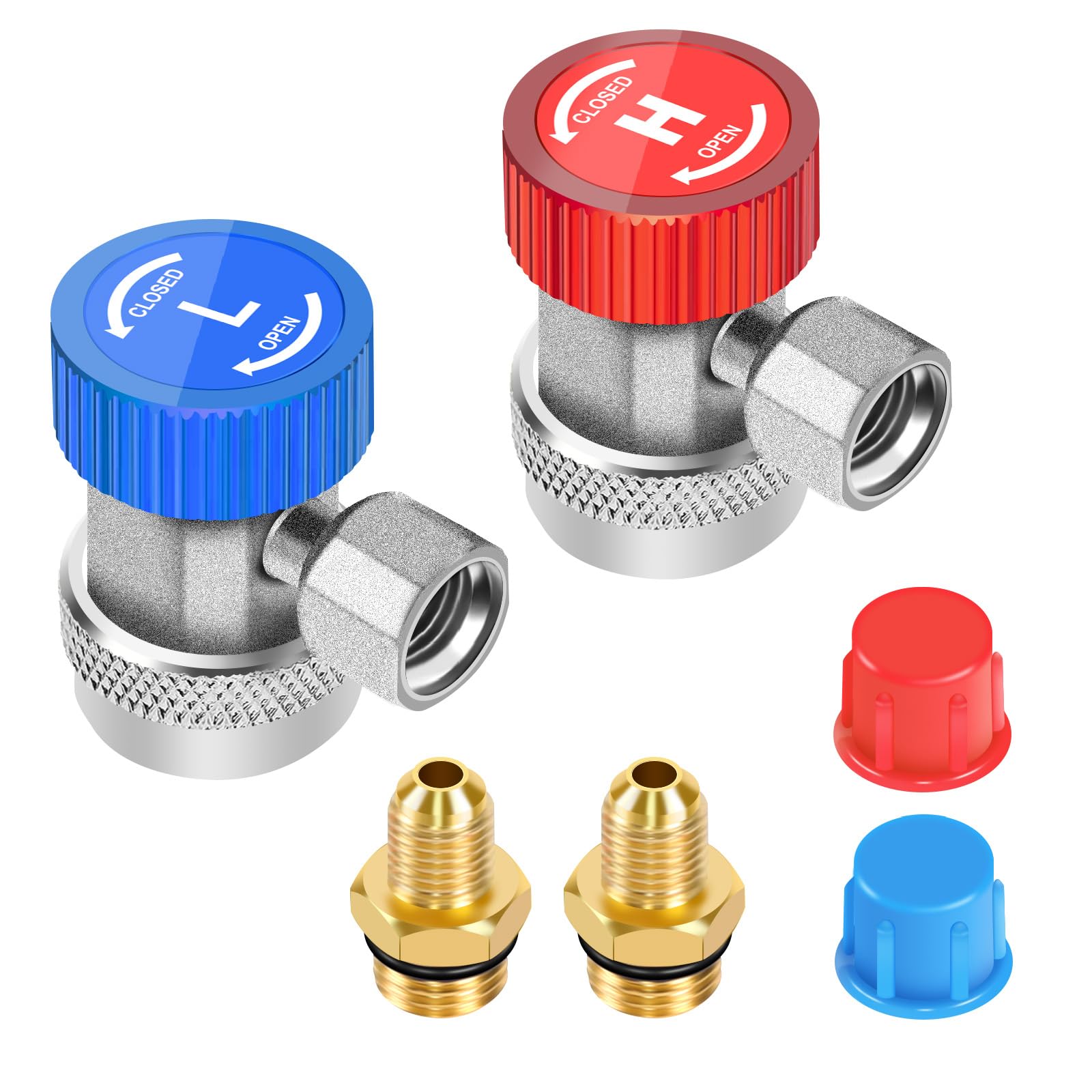 JIFETOR AC R134A Quick Coupler Adapter Kit, HVAC Adjustable High Low Connector Conversion with 1/4 inch SAE Male Flare, Fit for Standard Auto Air