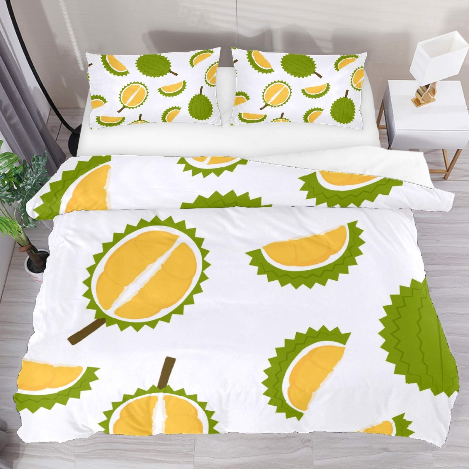 AJIKENEE Durian Green Fruit Pattern 3 Piece Duvet Cover Set Super King Size 102"x87" Soft Quilt Cover Decorative Bedding Sets with Pillowcase Polyester Bedspread for Boys Girls Teen Adult