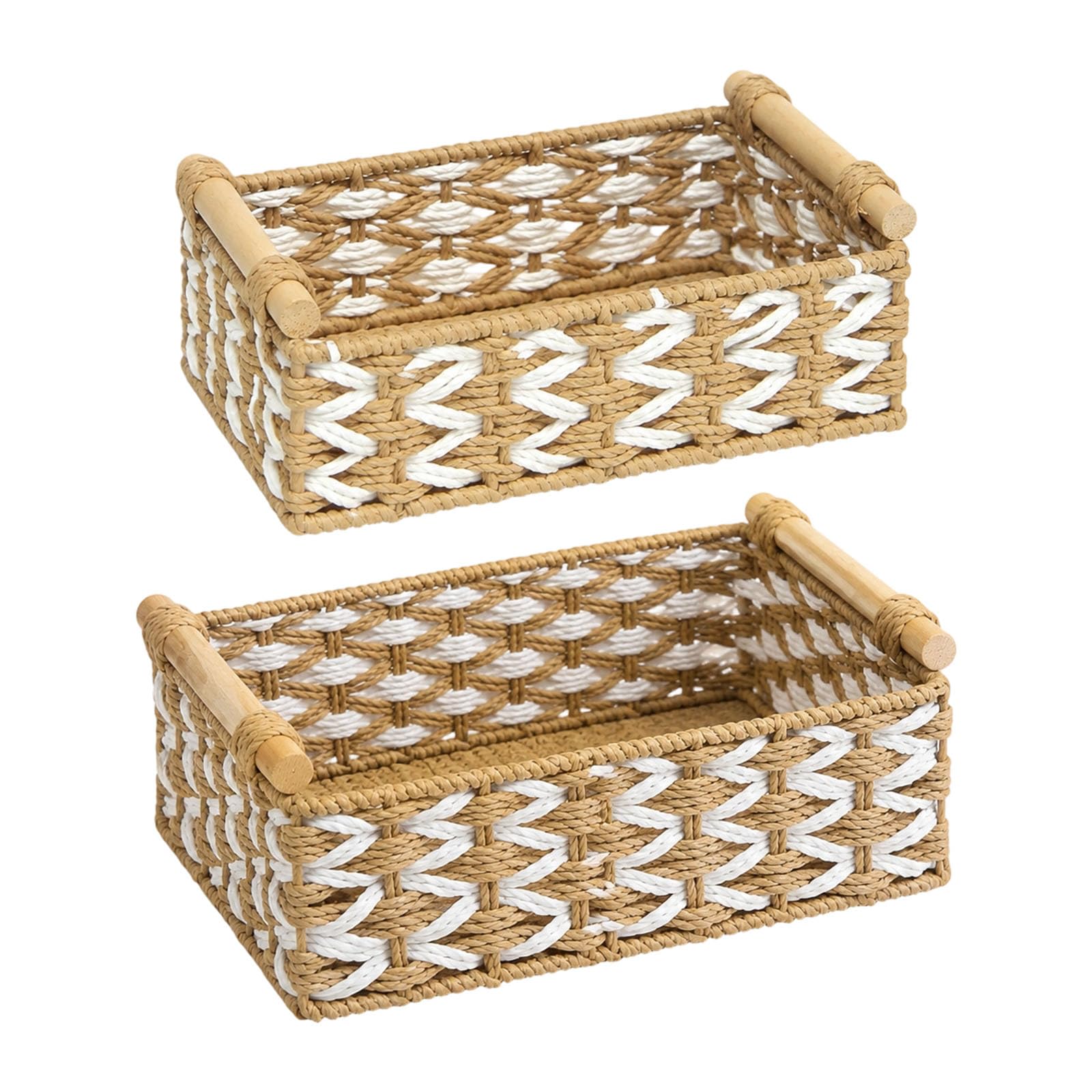2 Pack Handwoven Decorative Storage Baskets with Wood Handles for Multipurpose Use Paper Fiber Rope Basket