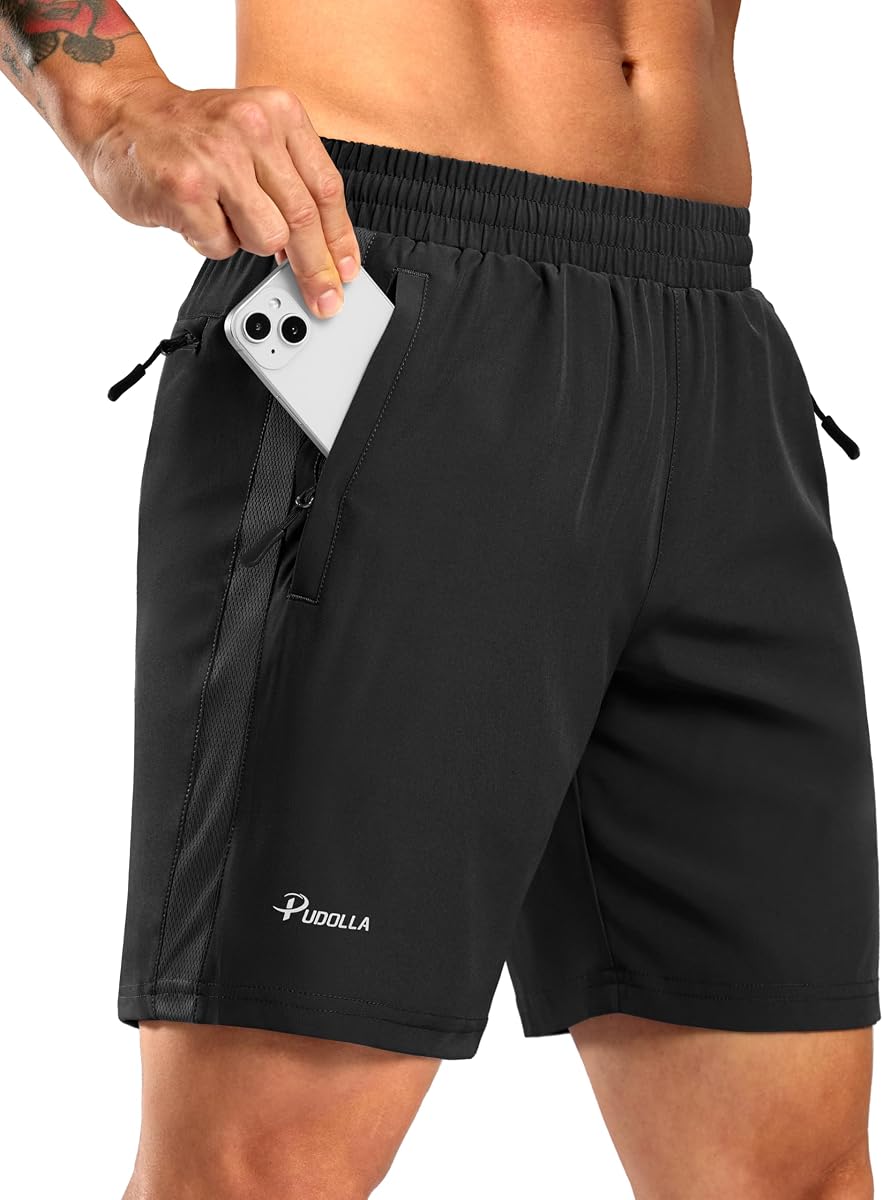 Pudolla Men's 5"/7" Athletic Running Shorts with 3 Zipper Pockets | Workout Wear, Lightweight, Quick Dry, for Hiking Casual Tennis
