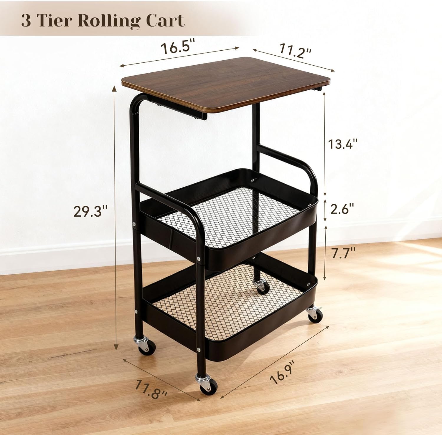 3 Tier Rolling Cart, Utility Rolling Carts with Wheels, Heavy Duty Metal Storage Organizer Rolling Cart for Art, Book, Snack, Kitchen, Office, Bathroom, Laundry, Dorm, Home (Black)