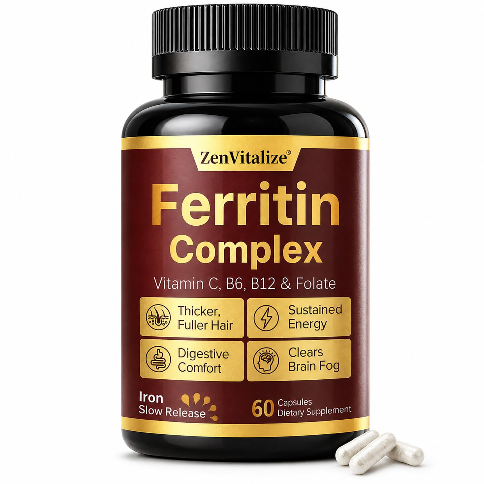 Ferritin Support Iron Supplement for Women, Supports Healthy Ferritin & Iron Levels, with Ferrous Glycine, Vitamin C, B12, B6, Folate, Zinc & Probiotics, Gluten Free, Non-GMO, 60 Capsules