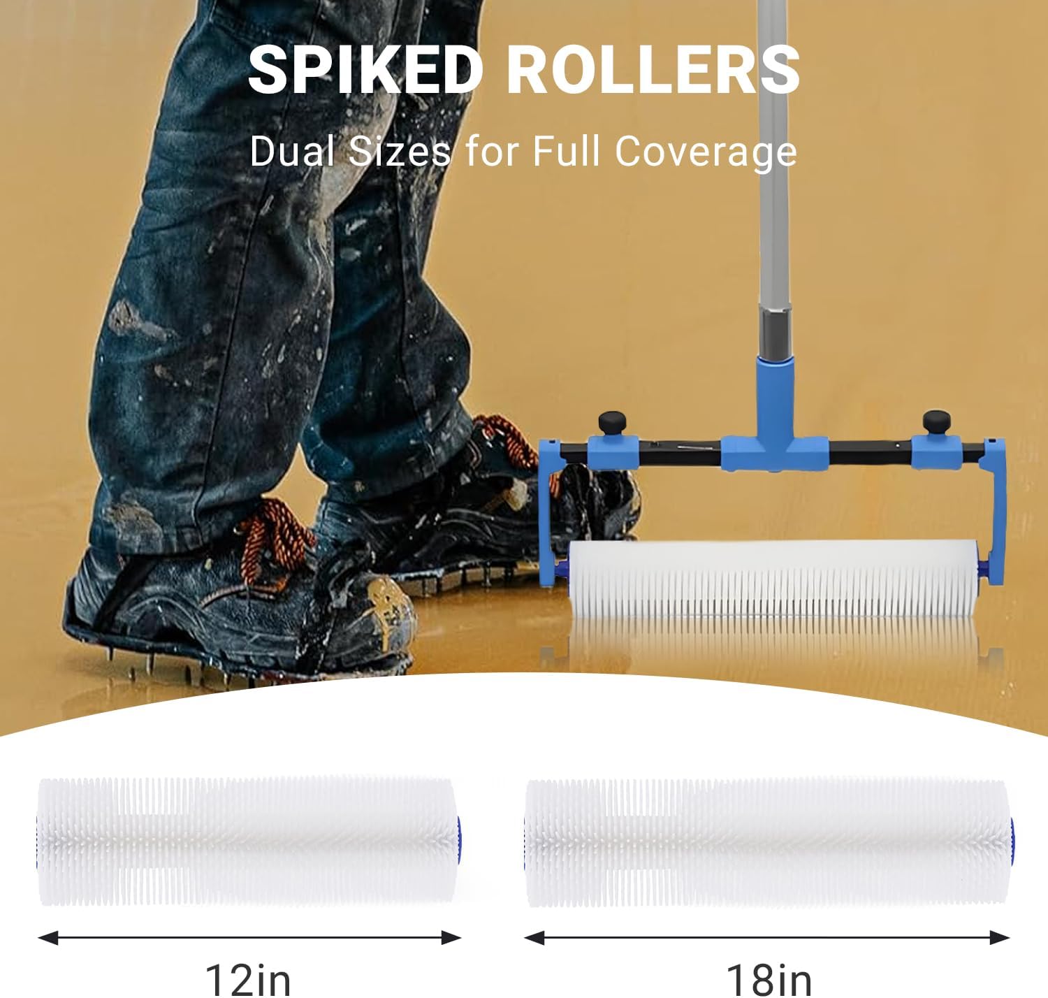 Self-Leveling Tool Kit with Rake, Spiked Roller, Spiked Shoes and 58'' Extension Pole for Epoxy Flooring and Concrete Floor Leveling (Blue)