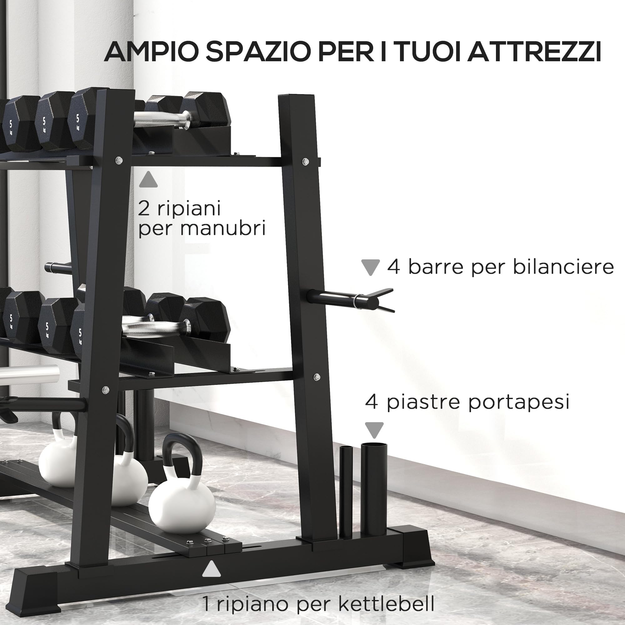 SPORTNOW Rastrelliera per Manubri in Acciaio con 4 Aste a Distanza Regolabile per Pesi, Kettlebell e Bilancieri, 131x75x80 cm, Nero