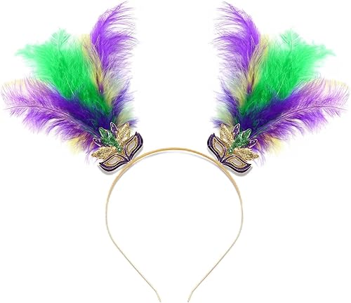 Miniatura 8 de YAHPERN Diademas de Mardi Gras para mujer máscara de flor de lis diadema de carnaval plumas accesorio para el cabello regalos