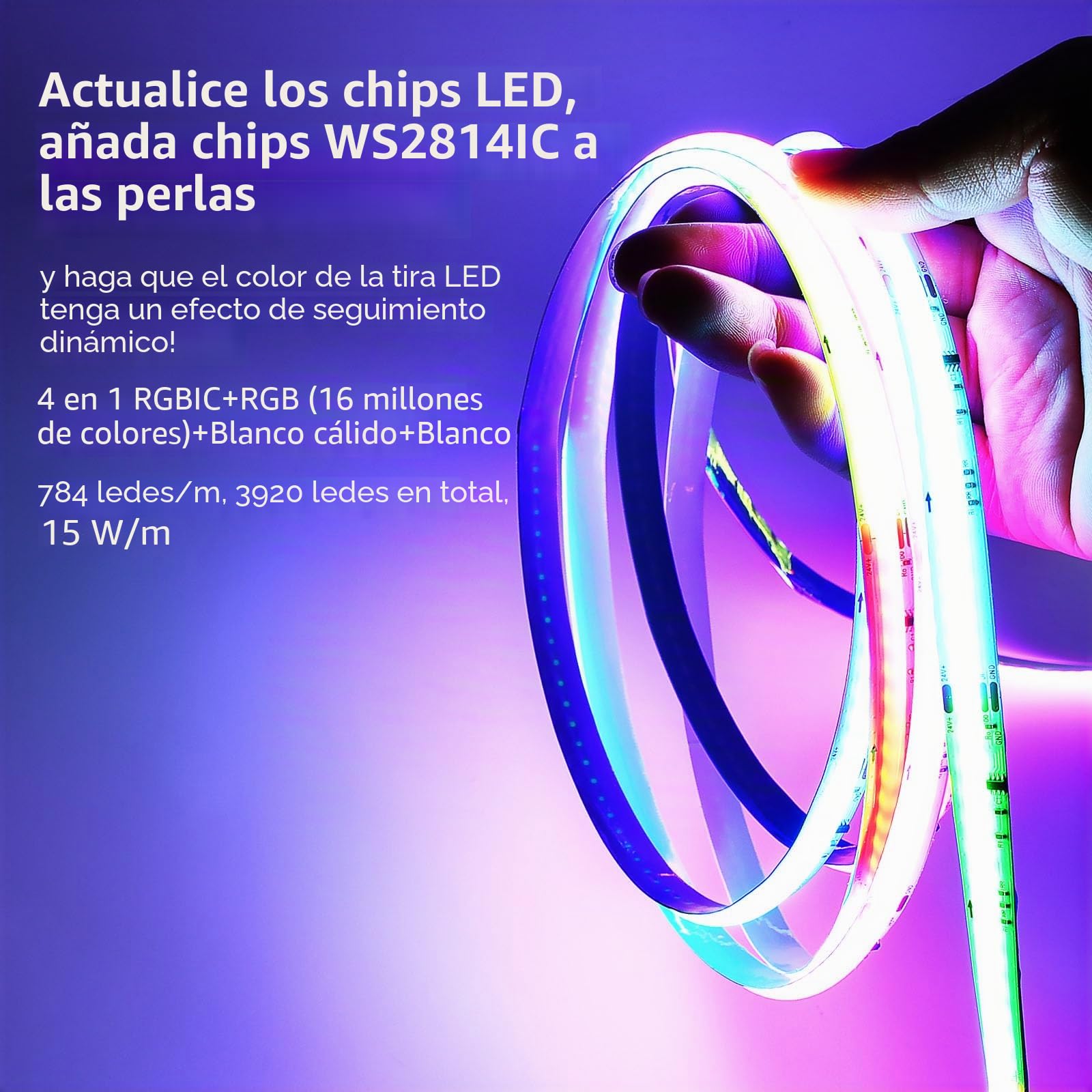5M COB Wifi Cinta Led,Led Dormitorio RGBWW+IC 784led/M 3920leds 24V, Tira Led RGBWWIC Dinámica Multicolor con Mando a distancia,LED tira funciona con Google Home Assistant/Alexa