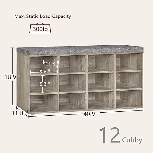 Miniatura 154 de DINZI LVJ Banco organizador de zapatos con cojín, zapatero de 9 cubos y estantes ajustables, multifuncional, para salas de estar, dormitorio, Gris