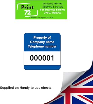 250 Personalised Serial Numbered Asset Tag Labels Custom Stickers- Blue 40mm x 40mm Permanent Vinyl Labels