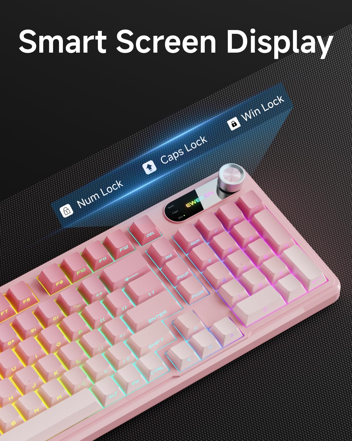 EWEADN Tastiera cablata V102, 98 tasti, tastiera da gioco cremosa con tastierino numerico, schermo display e manopola multimediale RGB silenziosa tastiera per computer portatile PC gamer - rosa