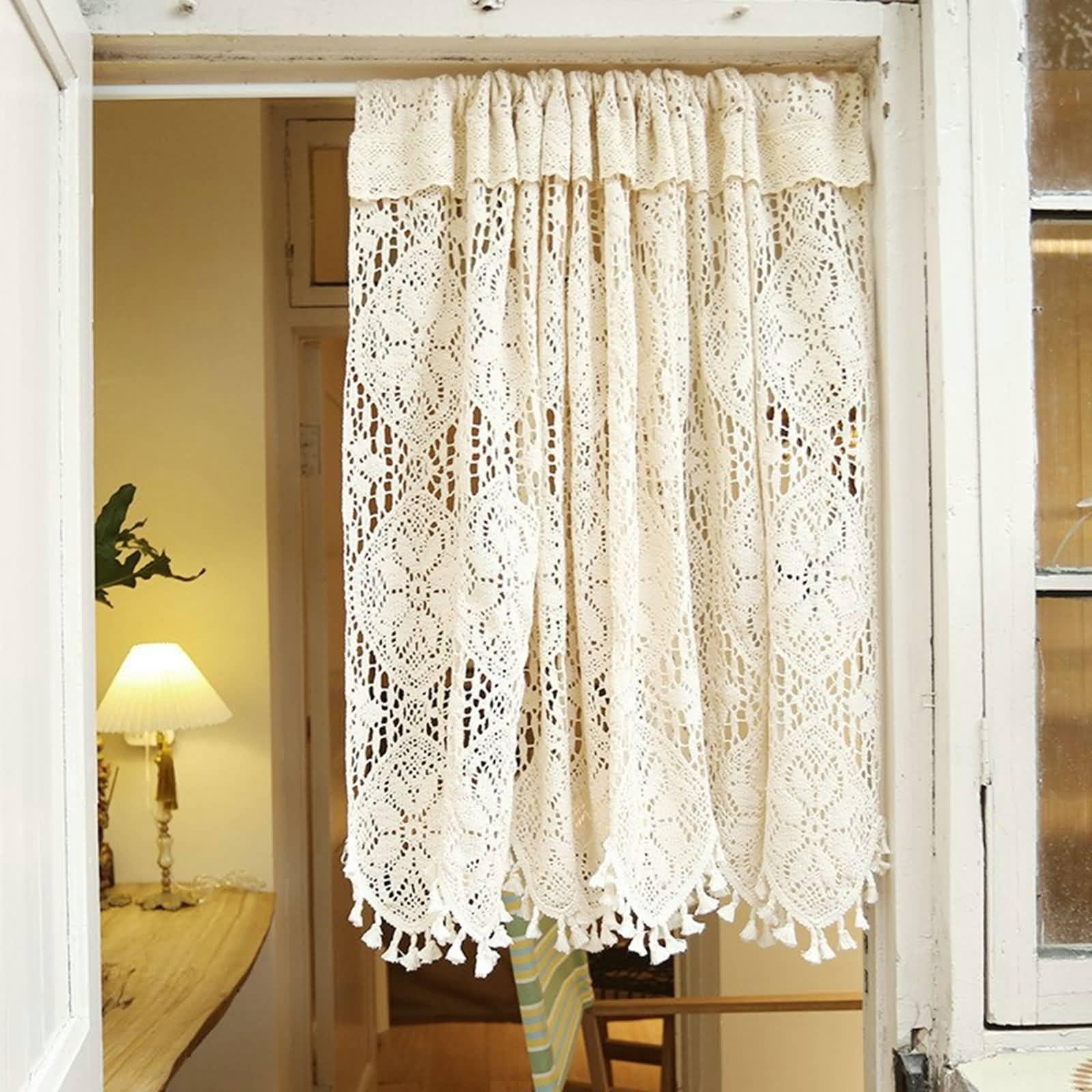 Vorhänge Durchsichtig, 1 Stück Stangentasche Küchengardinen Bistrogardine Kurzer Scheibengardinen für kleines Fenster, Wohnwagen Häkelblumenmuster mit Quasten aus Baumwolle LeinenBeige, 190x84cm