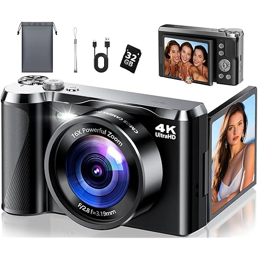 4K Digital Camera for Photography- 56MP Autofocus Vlogging Camera with 3" 180° Flip Screen, 16X Zoom, Flash- Digital Point and Shoot Camera for Travel & Home- Portable Gift for Teens & Beginners