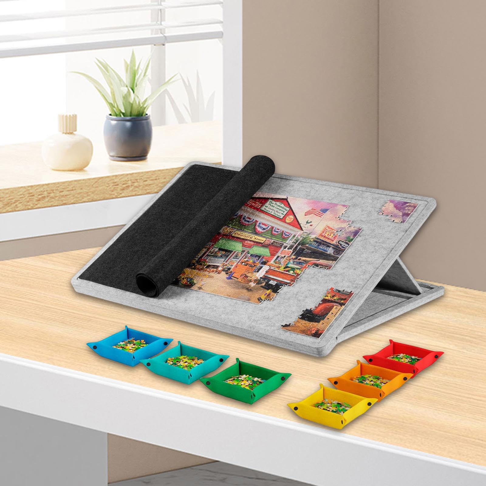 Tablero de Rompecabezas con Inclinable Mesa de Juego con Soporte de Montaje Y Superficie de Fieltro Ajustable Adecuado para Regalar a Hombr, Gris Claro