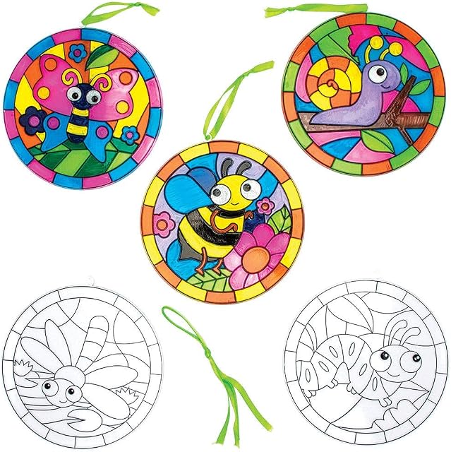 Baker Ross FC696 Bug Suncatcher Pictures - Pack of 5, Painting Craft Kit for Kids, Stained Glass Window Crafts, Creative Summer Craft