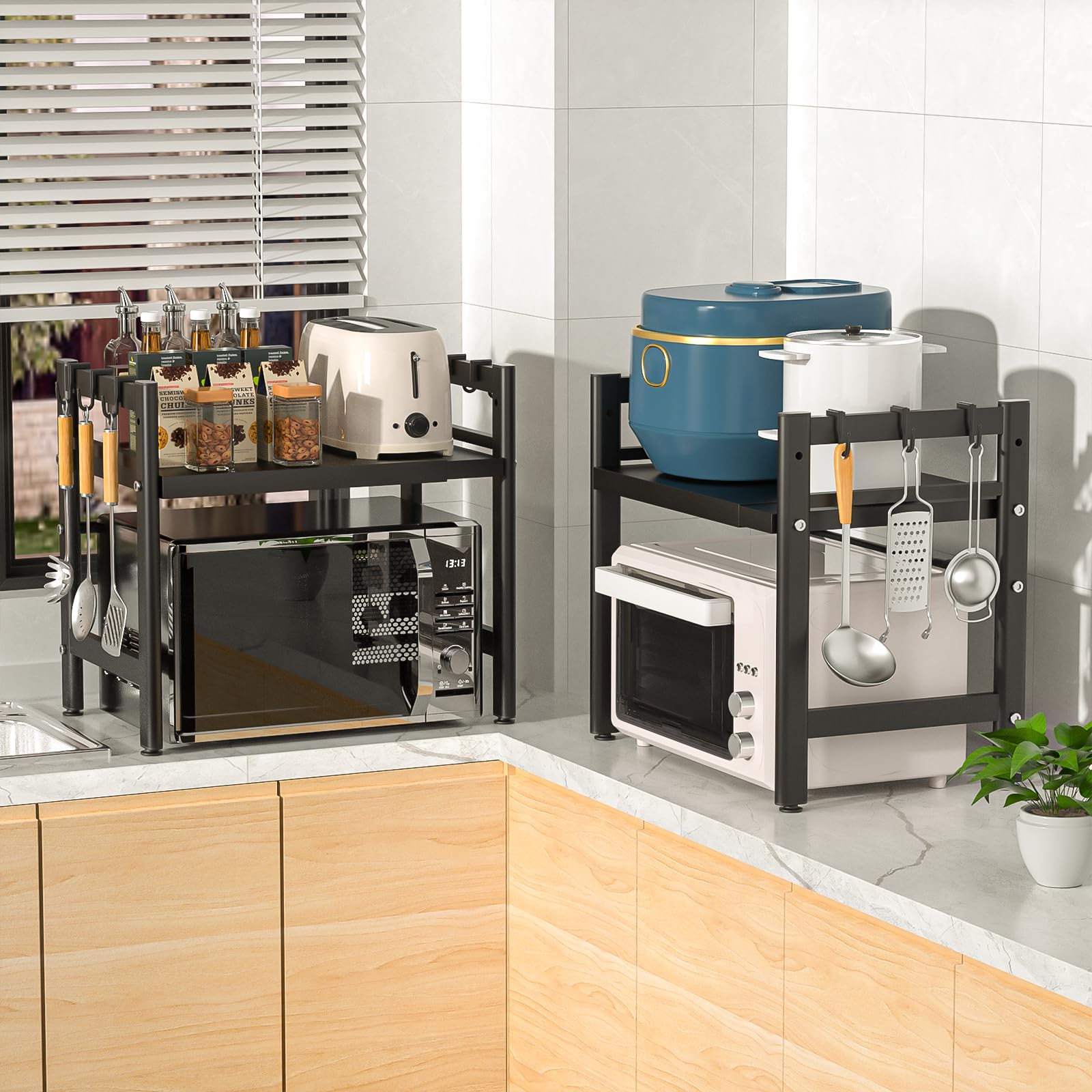 Mensola Microonde Scaffale da Cucina, Ripiani per Microonde con 6 Ganci, Estensibile Porta Microonde,Supporto Microonde (Nero)