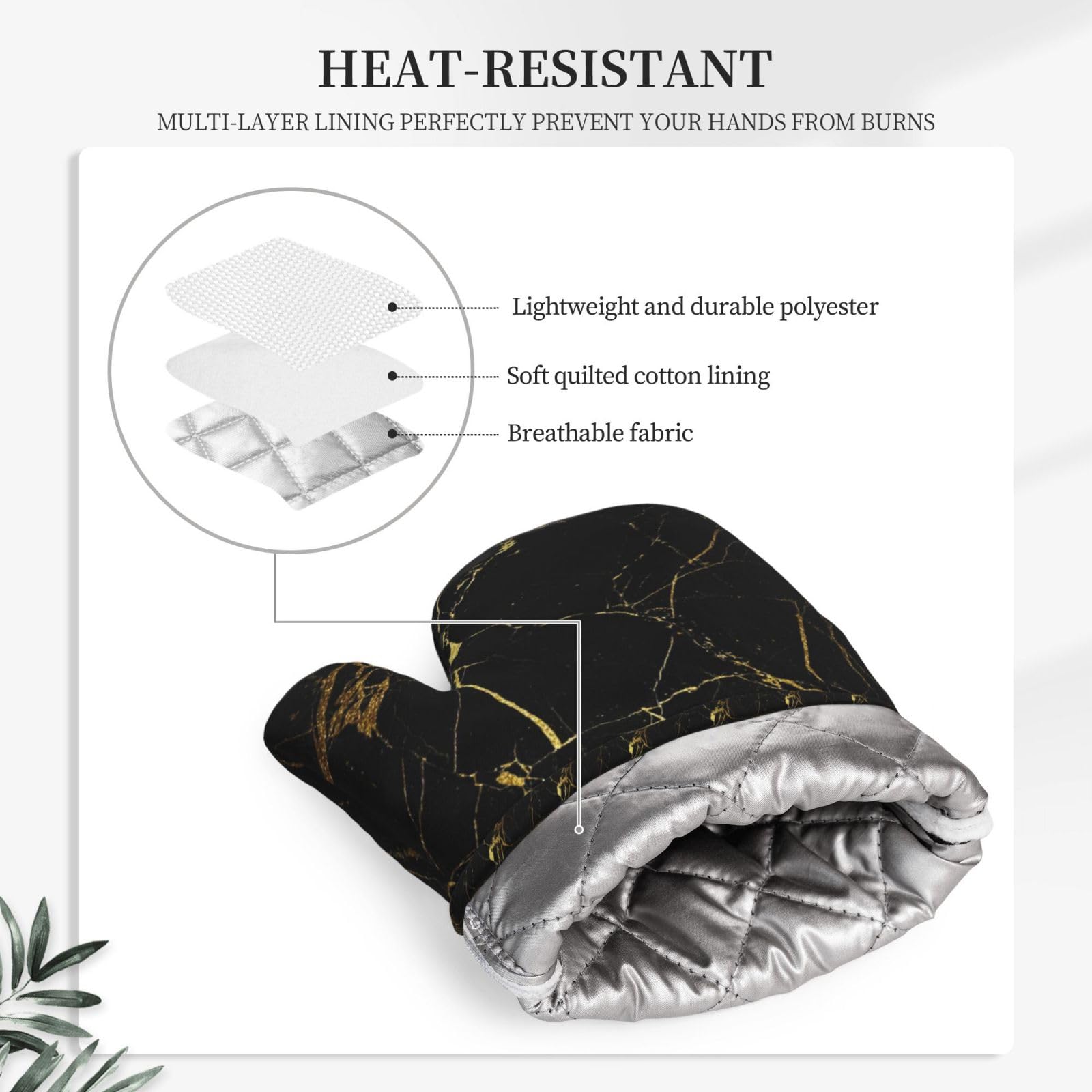 Juego de Cuatro Piezas de Guantes y Manoplas Resistentes al Calor para Hornear, Guantes de Cocina Antideslizantes, Manoplas para Horno, Estampado de mármol Negro y Dorado.