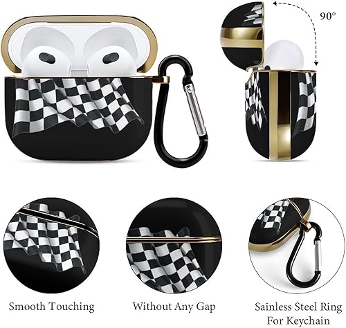 Miniatura 6 de Funda para AirPods 3, diseño de bandera de carreras a cuadros en blanco y negro con llavero y auriculares, accesorios de protección a prueba de