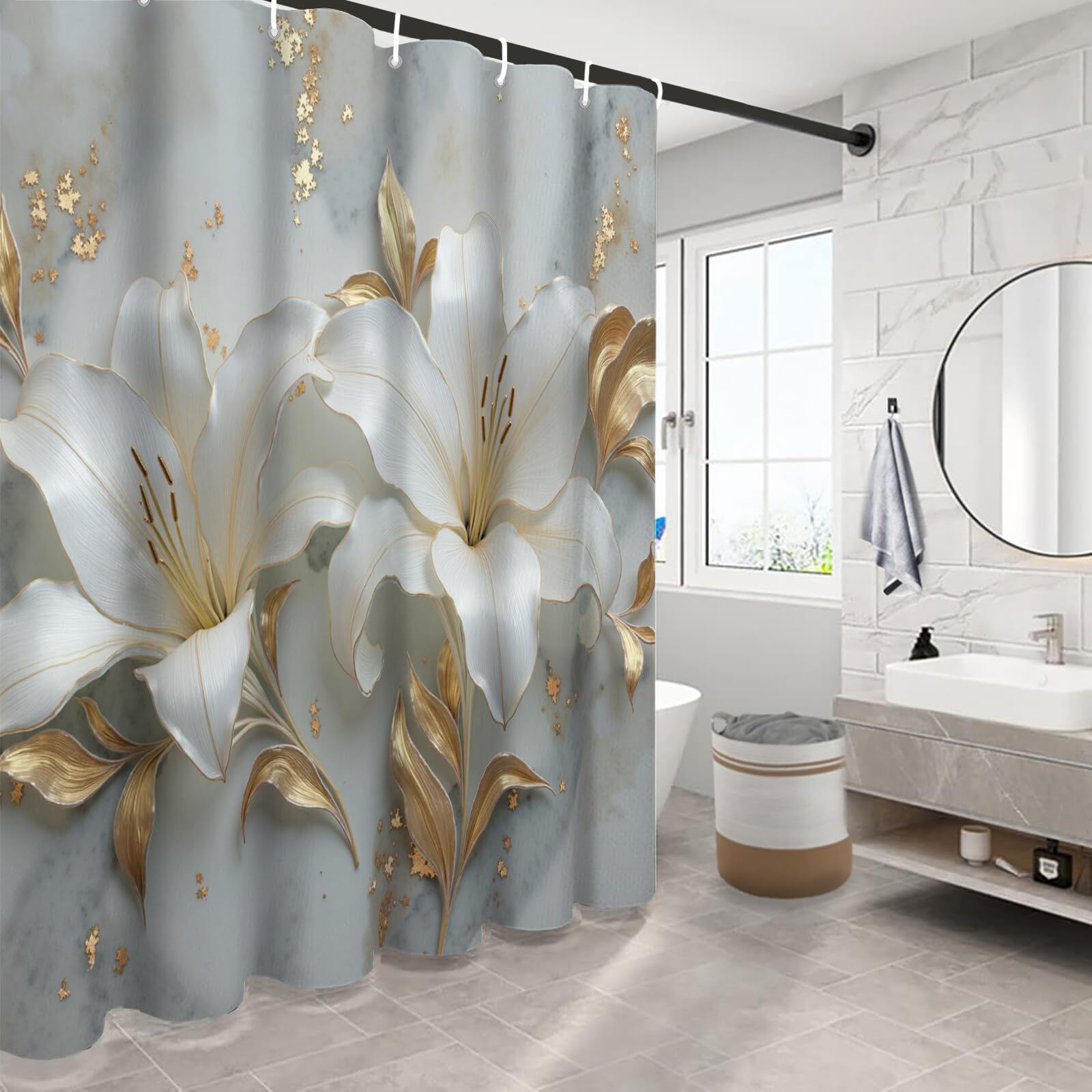 Rideau Douche,Rideau Baignoire Lavable en Machine Rideaux Douche Tissus Lavable Rideau De Baignoire Lavable pour Salle De Bain Domicile Baignoire Famille,Lys Marbré,