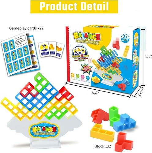 Miniatura 6 de Juego Tower Stack de 32 piezas con 22 cartas de juego, bloques de construcción de equilibrio para niños y adultos, juegos de mesa para fiestas