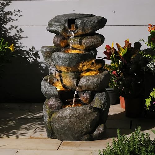 28.6" H Outdoor Water Fountain with 4 Tiers Cascading Realistic Rock Waterfall Fountains with LED Lights Outdoor Water Fountain for Garden Patio Backyard Porch Home Decor