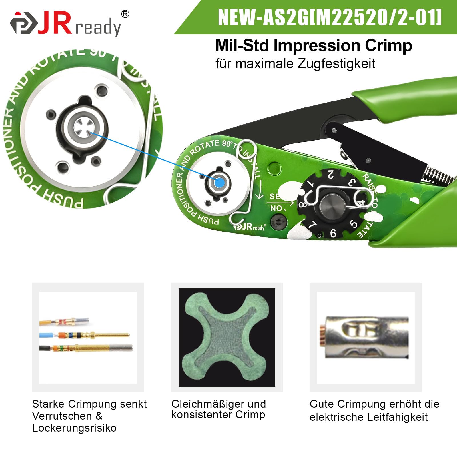JRready ST2181 NEW-AS2G M22520/2-01 Eindrück-Crimper-Kit mit 8 Positionierern und G125 Messgerät für Massivkontakte von Miniatursteckern in elektronischen Systemen 20-32AWG