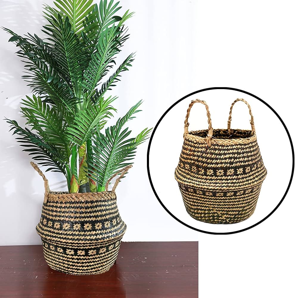 【良品★送料込】アンティーク鉢カバー・バスケット プランターカバー 植木鉢カバー バスケット 持ち手付き ラッシュ