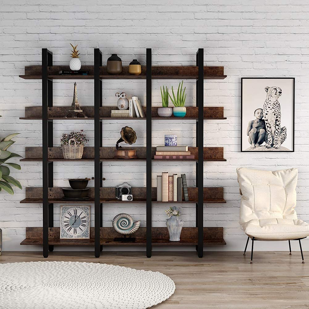 Tribesigns Rustic Triple Wide 5Tiers Open Bookcase, Vintage Industrial