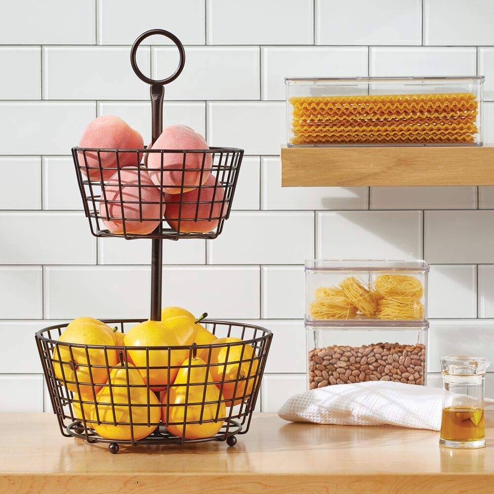 mDesign Metal Decorative 2Tier Fruit Bowl Basket Stand Modern Farmhouse Wire Design for