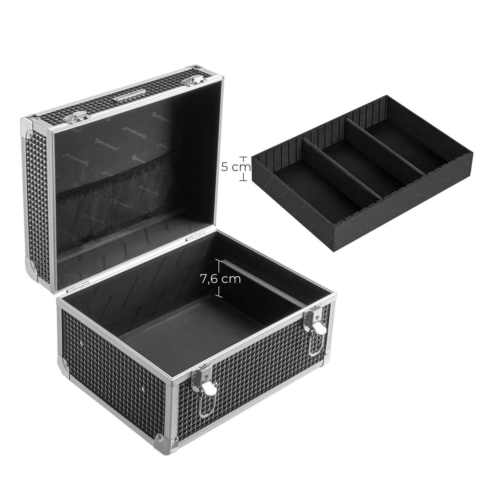 SONGMICS Kosmetikkoffer, Make-up Koffer für Reisen, Schminkkoffer, Aufbewahrung, für Friseure und Visagisten, mit herausnehmbarem Tablett, mit Schlössern, schwarz JBC328B01