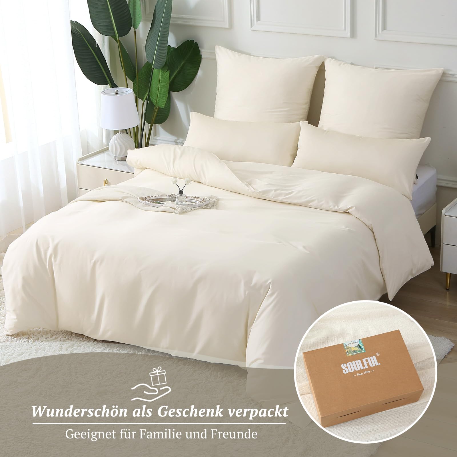 MILDLY Satin Bettwäsche 200x200 Baumwolle,Seidig Luxus Bettzeug,Beige | 100% Langstapelige Baumwolle Seidig Luxus Bettzeug, ÖkoTex Zertifiziert, 1 Bettbezug 200x200 & 2 Kissenbezug 80x80