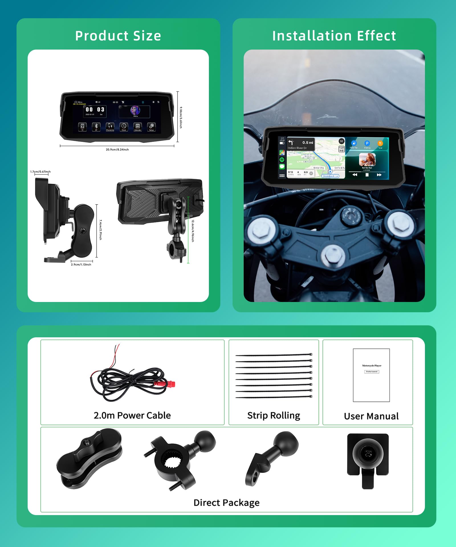 VECHTEL Motorrad Navi Kabelloses CarPlay und Android Auto per Moto, 6.86 Zoll HD Touchscreen GPS Navigation für Motorrad mit IP68 Wasserdicht, Bluetooth, EQ, Assistente Siri/GOO-gle, TPMS