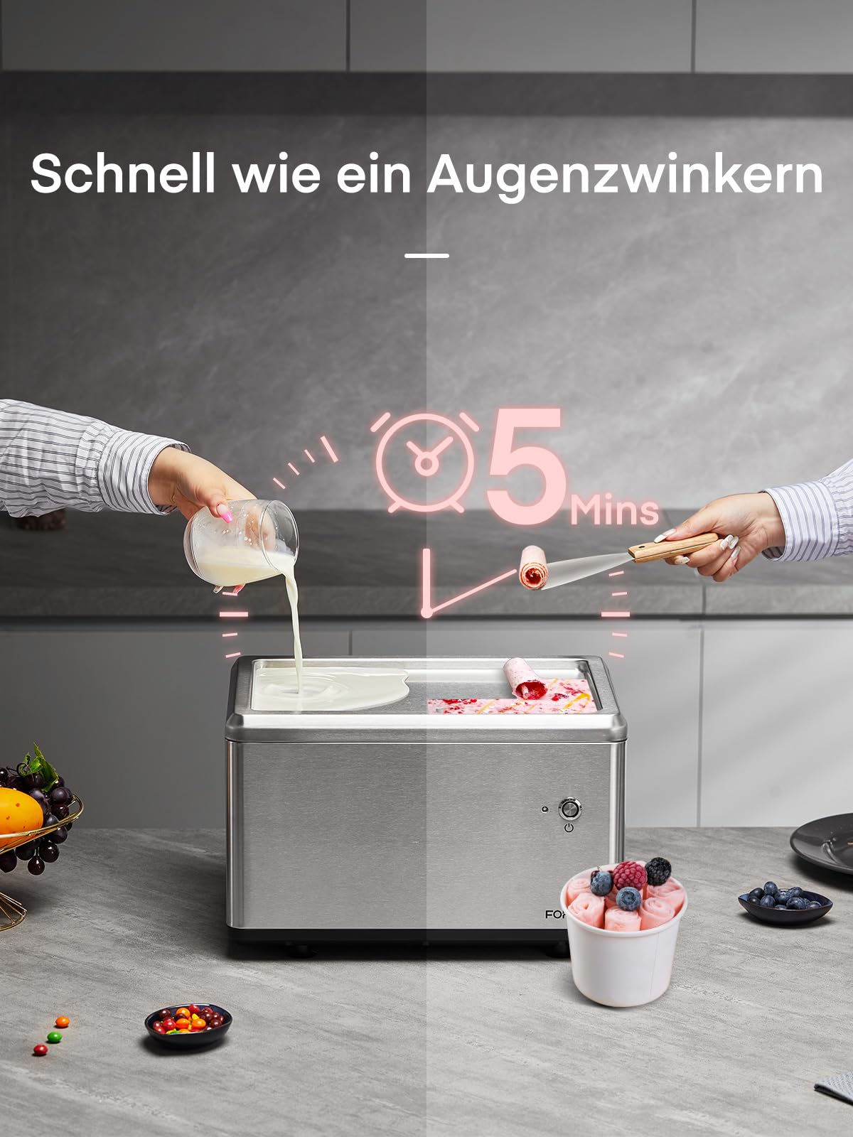 Selbstkühlende Roll-Eismaschine für Zuhause mit Kompressor, Soft Eis in nur 3 Mins, One-Touch Bedienung, Vielfältige Sortenwechsel, Gesunde Selbstgemachte Ice Cream Rolls, Rezept, 2 Spachteln, FOHERE