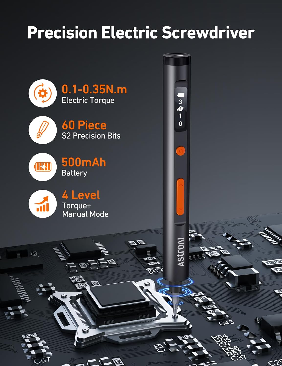 AstroAI ES60 3.7V Mini Electric Screwdriver, 63-in-1 Electric Screwdriver Cordless Set with 60 Magnetic Bits, Rotatable Magnetic Storage, Repair Tool Kit for Phone Camera Laptop Watch