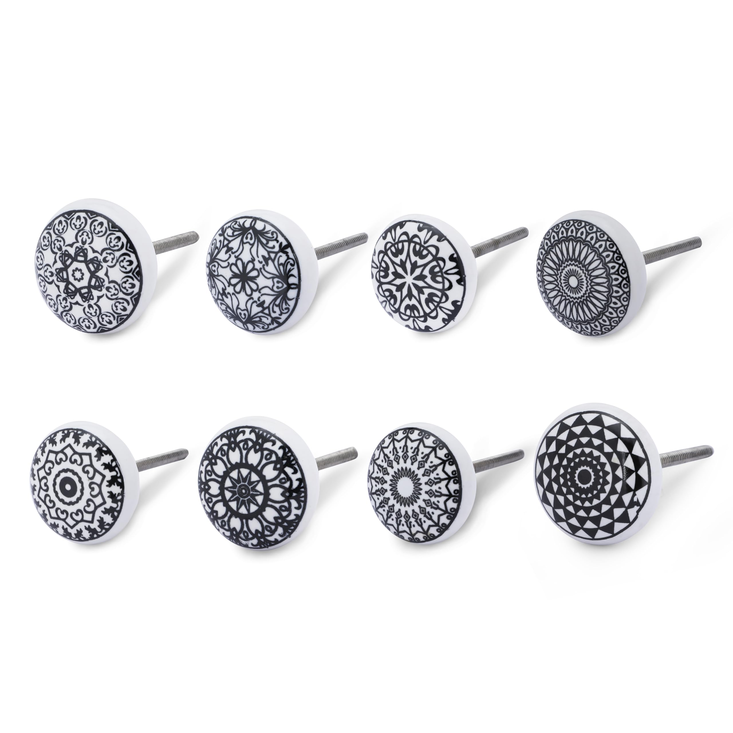 ETHNICITI 8 x Round Black & White Handmade Geometric Ceramic Door Knobs Cupboards Drawers Cabinets Wardrobe Assorted Vintage Shabby Chic Kitchen Bedroom Living Room Furniture Dressers Pulls Handles - Image 4