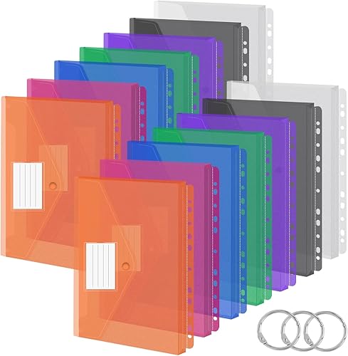 Paquete de 14 sobres de plástico con 11 agujeros, carpetas expandibles para documentos de 234 anillos con botón a presión y etiquetas, hojas