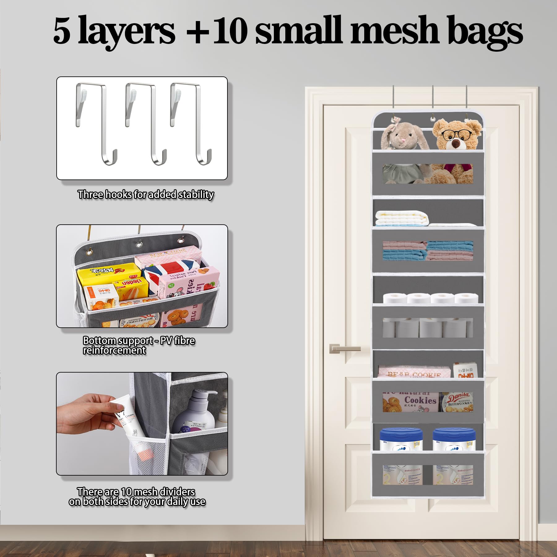 KYEVIS Over The Door Organizer Storage 2 Pack, 5 Shelves Door Organizer Hanging with 10 Mesh Pockets, Behind Door Storage - Image 3