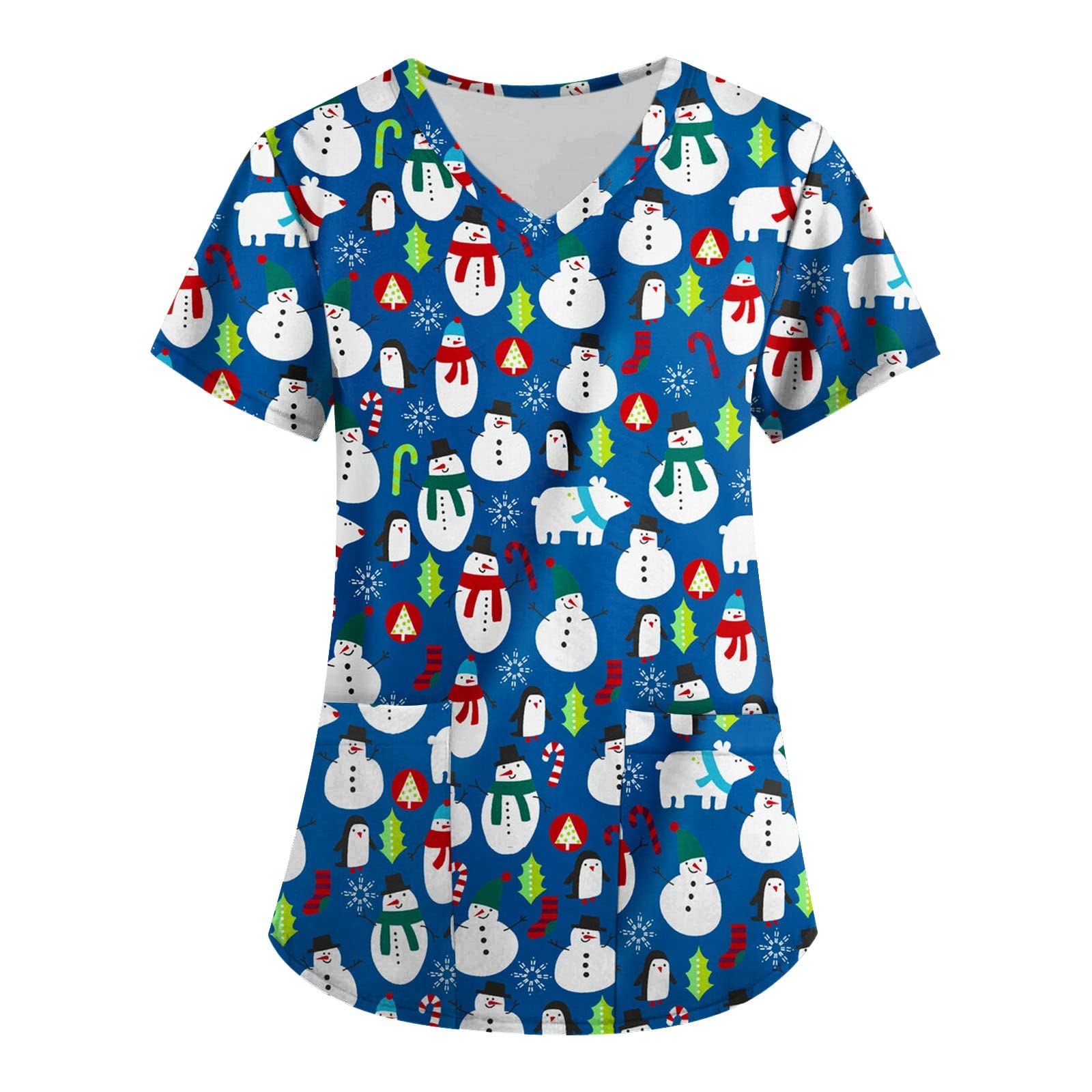 TopassionWomens Christmas Scrubs Tops Short Sleeve V Neck Uniform Cartoon Breathable Beauty Uniform Plus Size Medical Slim Fit Blouse Hospital Healthcare Work Shirt UK